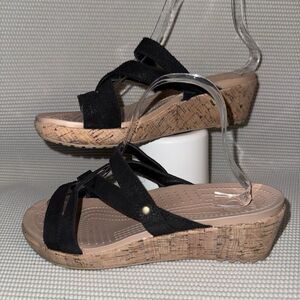 Crocs A-Leigh 2-Strap Mini Wedge Black Leather Tan Cork Sandal Women’s Size 8
